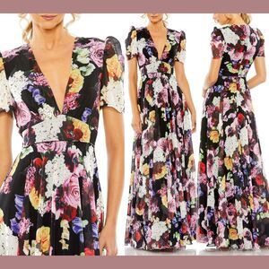NWD $498 IEENA Mac Duggal [ 20 ] Floral Print‎ Mesh Cap Sleeve Gown Black #S1062